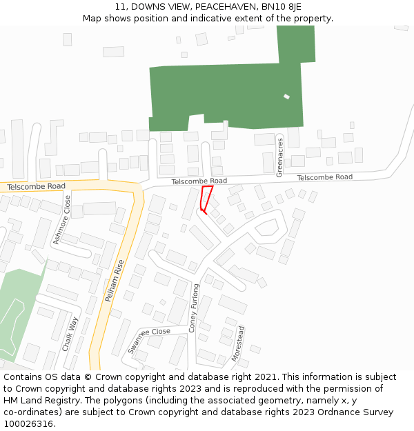 11, DOWNS VIEW, PEACEHAVEN, BN10 8JE: Location map and indicative extent of plot