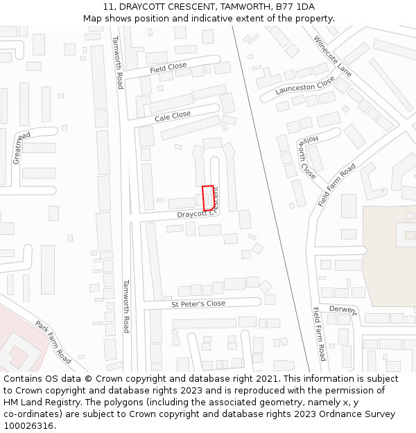 11, DRAYCOTT CRESCENT, TAMWORTH, B77 1DA: Location map and indicative extent of plot