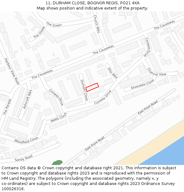 11, DURHAM CLOSE, BOGNOR REGIS, PO21 4XA: Location map and indicative extent of plot