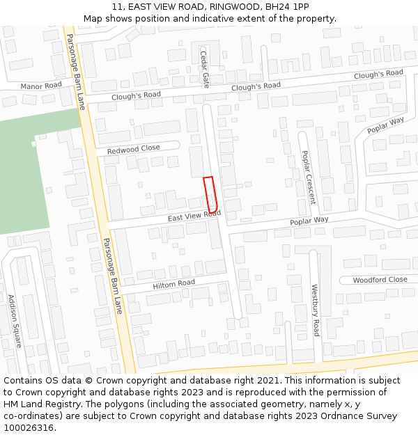 11, EAST VIEW ROAD, RINGWOOD, BH24 1PP: Location map and indicative extent of plot