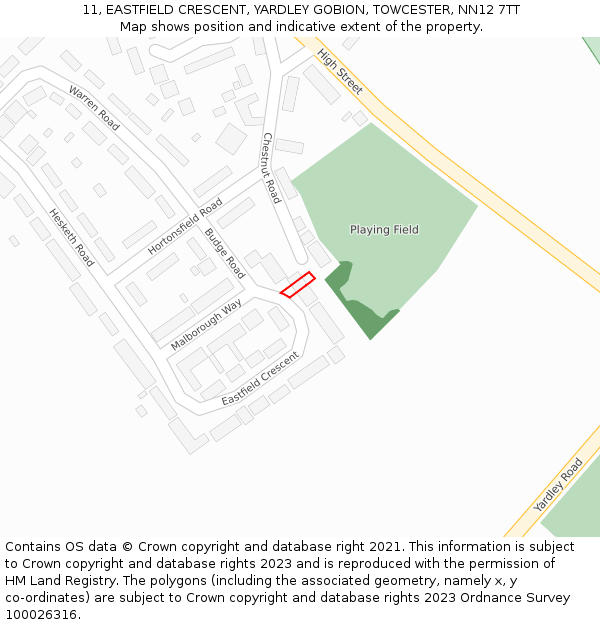 11, EASTFIELD CRESCENT, YARDLEY GOBION, TOWCESTER, NN12 7TT: Location map and indicative extent of plot
