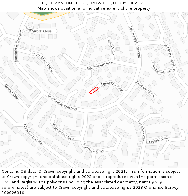 11, EGMANTON CLOSE, OAKWOOD, DERBY, DE21 2EL: Location map and indicative extent of plot