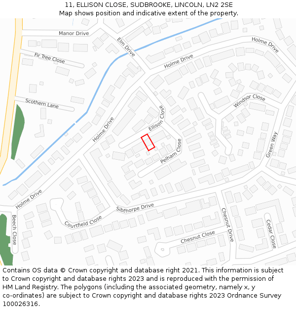11, ELLISON CLOSE, SUDBROOKE, LINCOLN, LN2 2SE: Location map and indicative extent of plot