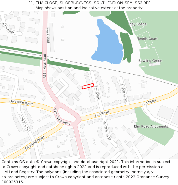 11, ELM CLOSE, SHOEBURYNESS, SOUTHEND-ON-SEA, SS3 9PF: Location map and indicative extent of plot