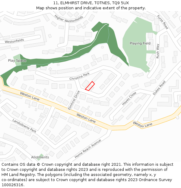 11, ELMHIRST DRIVE, TOTNES, TQ9 5UX: Location map and indicative extent of plot