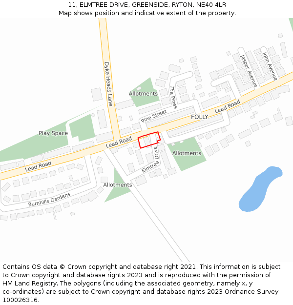 11, ELMTREE DRIVE, GREENSIDE, RYTON, NE40 4LR: Location map and indicative extent of plot