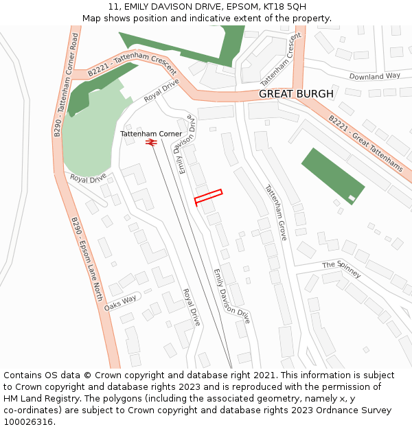 11, EMILY DAVISON DRIVE, EPSOM, KT18 5QH: Location map and indicative extent of plot