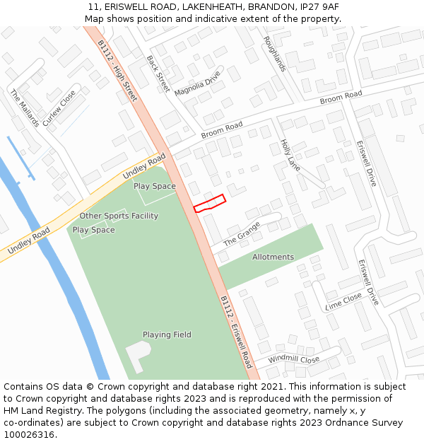 11, ERISWELL ROAD, LAKENHEATH, BRANDON, IP27 9AF: Location map and indicative extent of plot