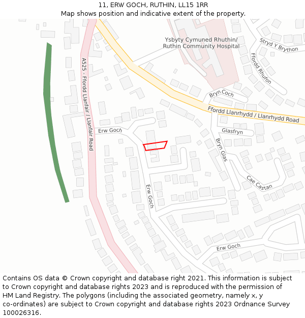 11, ERW GOCH, RUTHIN, LL15 1RR: Location map and indicative extent of plot