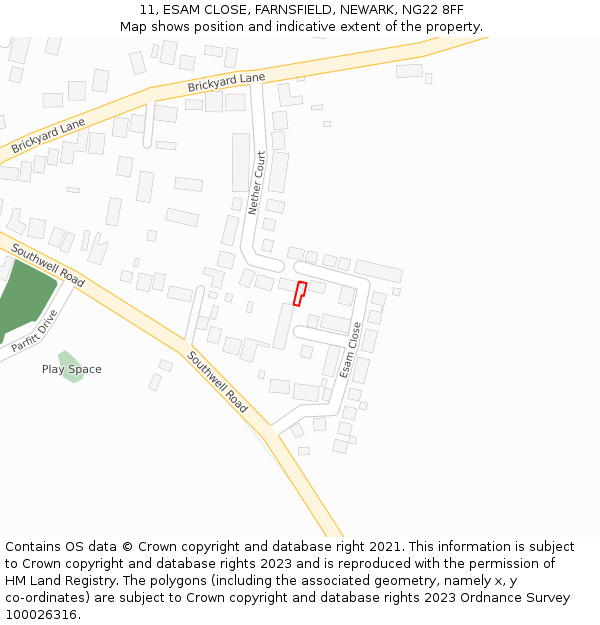 11, ESAM CLOSE, FARNSFIELD, NEWARK, NG22 8FF: Location map and indicative extent of plot