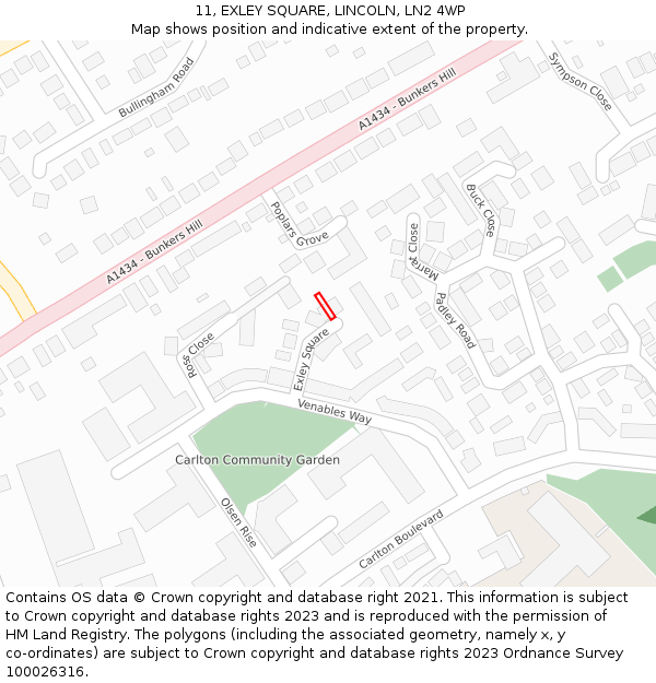 11, EXLEY SQUARE, LINCOLN, LN2 4WP: Location map and indicative extent of plot