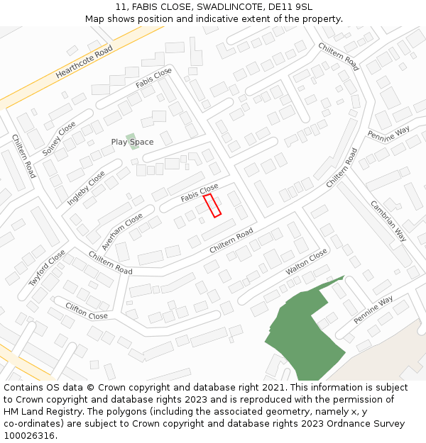 11, FABIS CLOSE, SWADLINCOTE, DE11 9SL: Location map and indicative extent of plot