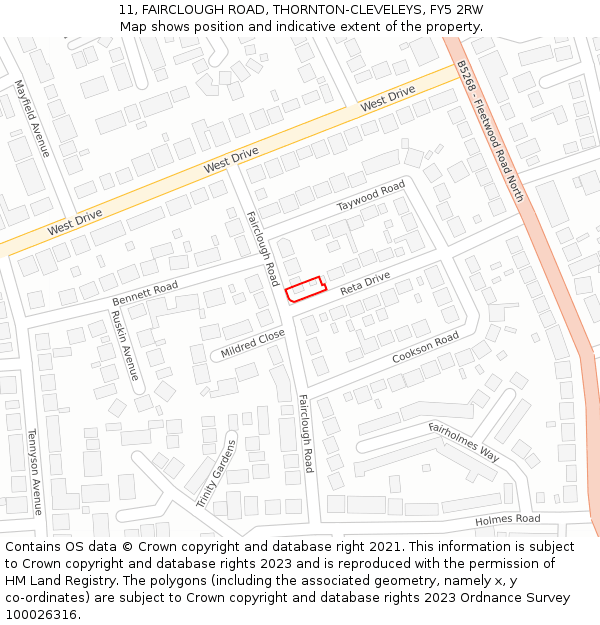 11, FAIRCLOUGH ROAD, THORNTON-CLEVELEYS, FY5 2RW: Location map and indicative extent of plot