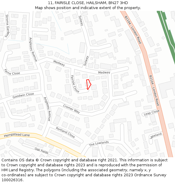 11, FAIRISLE CLOSE, HAILSHAM, BN27 3HD: Location map and indicative extent of plot