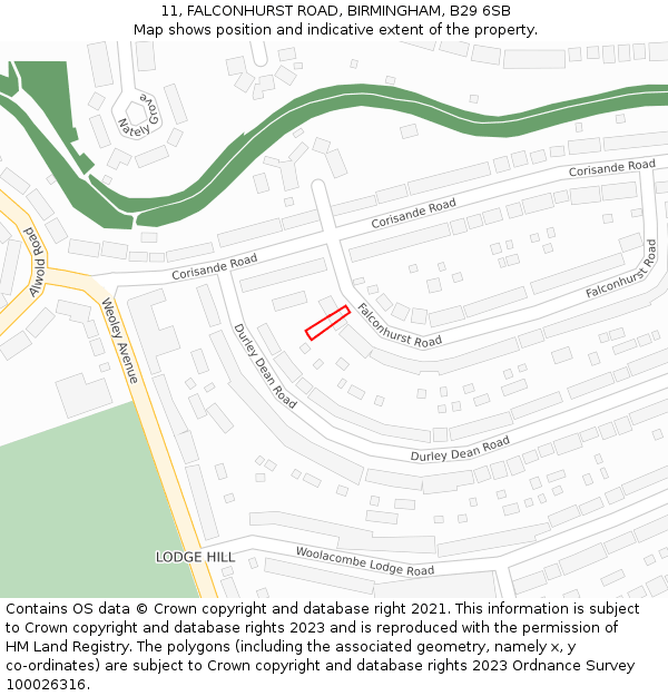 11, FALCONHURST ROAD, BIRMINGHAM, B29 6SB: Location map and indicative extent of plot