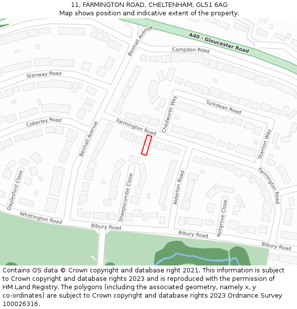 11, FARMINGTON ROAD, CHELTENHAM, GL51 6AG: Location map and indicative extent of plot