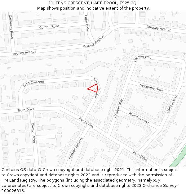 11, FENS CRESCENT, HARTLEPOOL, TS25 2QL: Location map and indicative extent of plot