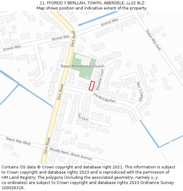 11, FFORDD Y BERLLAN, TOWYN, ABERGELE, LL22 9LZ: Location map and indicative extent of plot