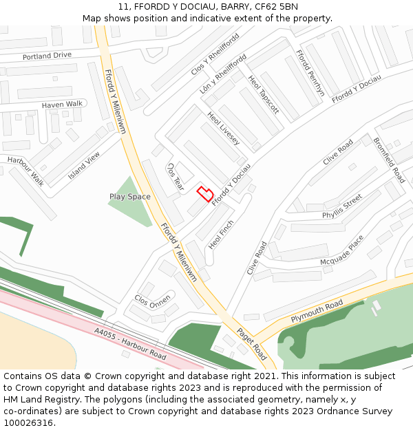 11, FFORDD Y DOCIAU, BARRY, CF62 5BN: Location map and indicative extent of plot
