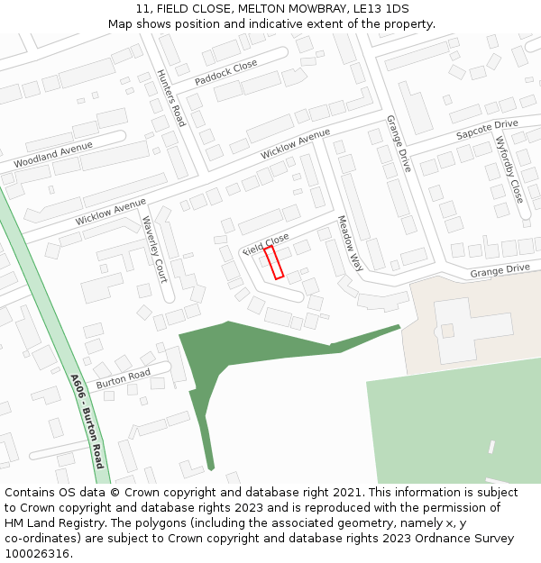 11, FIELD CLOSE, MELTON MOWBRAY, LE13 1DS: Location map and indicative extent of plot