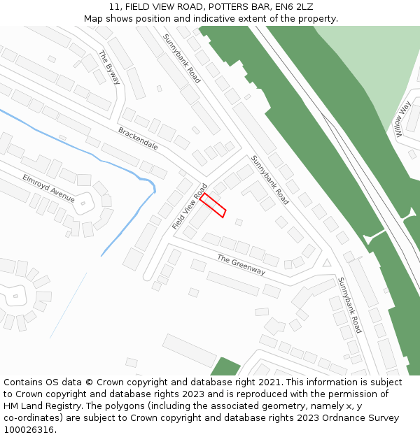 11, FIELD VIEW ROAD, POTTERS BAR, EN6 2LZ: Location map and indicative extent of plot