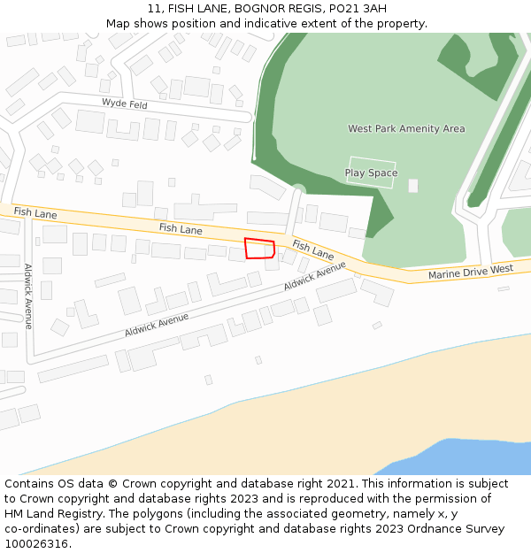 11, FISH LANE, BOGNOR REGIS, PO21 3AH: Location map and indicative extent of plot