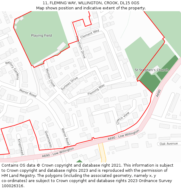 11, FLEMING WAY, WILLINGTON, CROOK, DL15 0GS: Location map and indicative extent of plot