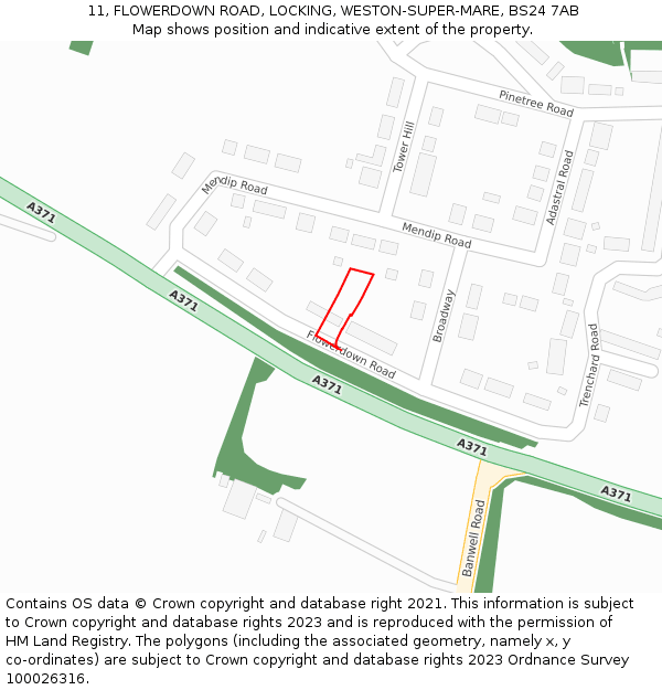 11, FLOWERDOWN ROAD, LOCKING, WESTON-SUPER-MARE, BS24 7AB: Location map and indicative extent of plot