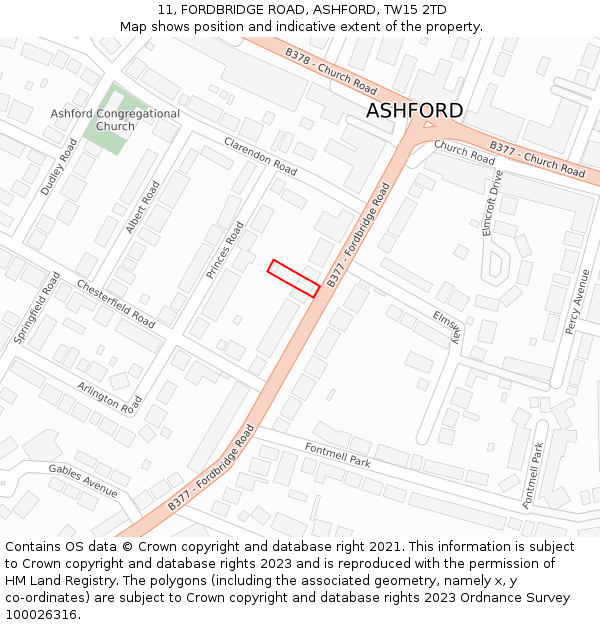 11, FORDBRIDGE ROAD, ASHFORD, TW15 2TD: Location map and indicative extent of plot