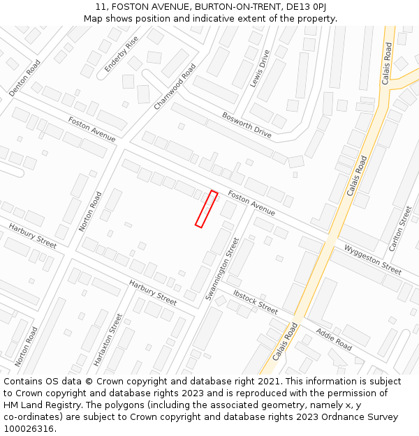 11, FOSTON AVENUE, BURTON-ON-TRENT, DE13 0PJ: Location map and indicative extent of plot