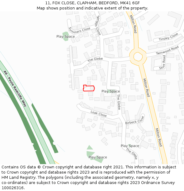 11, FOX CLOSE, CLAPHAM, BEDFORD, MK41 6GF: Location map and indicative extent of plot