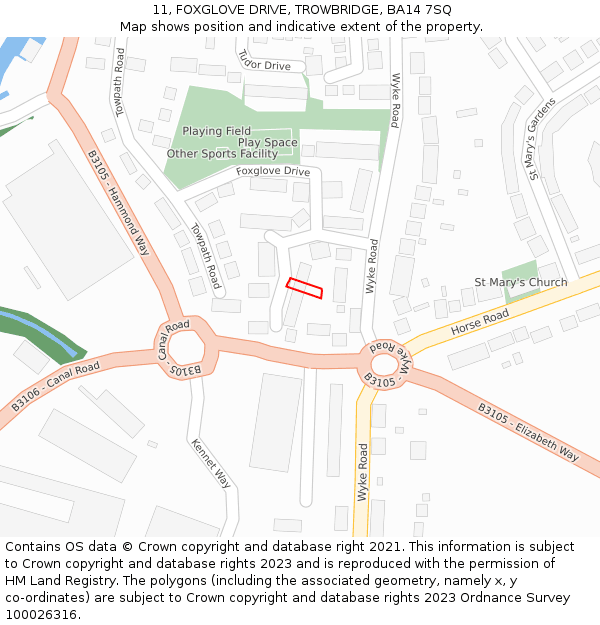 11, FOXGLOVE DRIVE, TROWBRIDGE, BA14 7SQ: Location map and indicative extent of plot