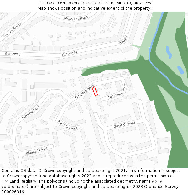 11, FOXGLOVE ROAD, RUSH GREEN, ROMFORD, RM7 0YW: Location map and indicative extent of plot