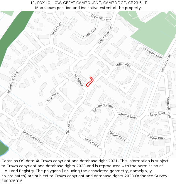 11, FOXHOLLOW, GREAT CAMBOURNE, CAMBRIDGE, CB23 5HT: Location map and indicative extent of plot