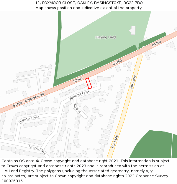 11, FOXMOOR CLOSE, OAKLEY, BASINGSTOKE, RG23 7BQ: Location map and indicative extent of plot