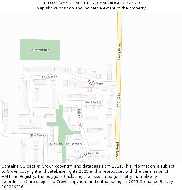 11, FOXS WAY, COMBERTON, CAMBRIDGE, CB23 7DL: Location map and indicative extent of plot