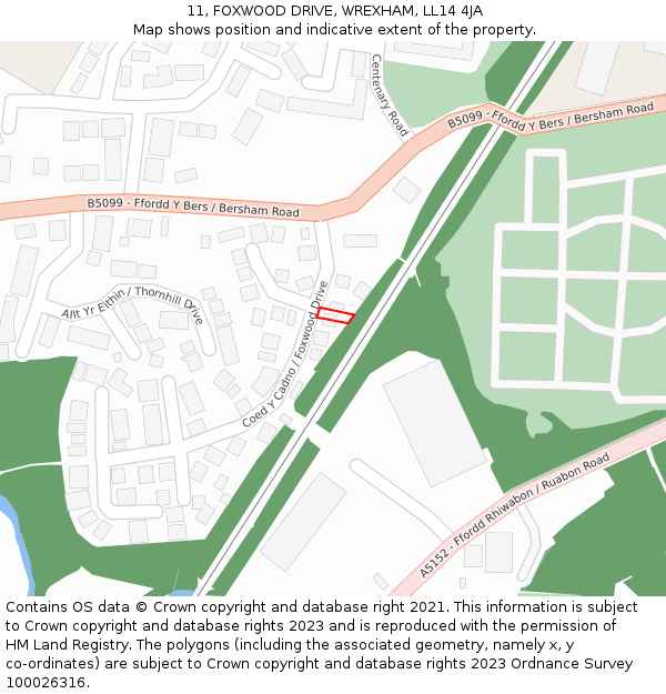 11, FOXWOOD DRIVE, WREXHAM, LL14 4JA: Location map and indicative extent of plot