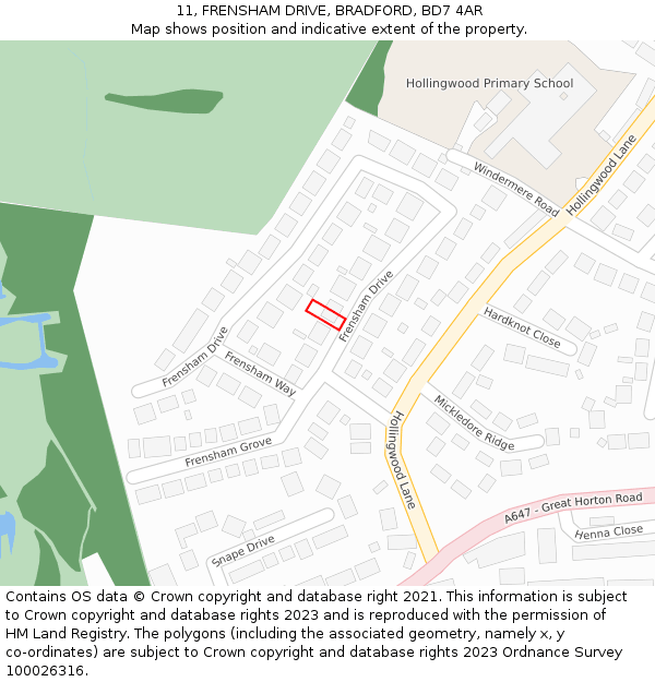 11, FRENSHAM DRIVE, BRADFORD, BD7 4AR: Location map and indicative extent of plot