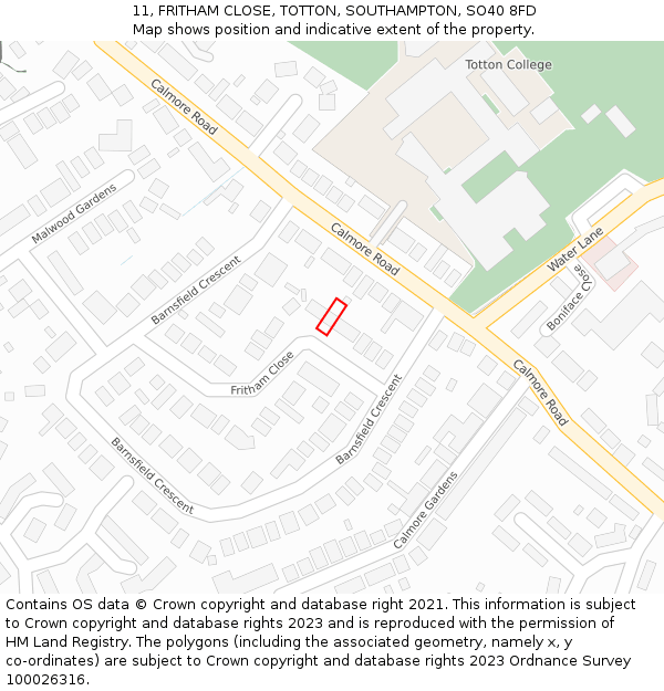 11, FRITHAM CLOSE, TOTTON, SOUTHAMPTON, SO40 8FD: Location map and indicative extent of plot