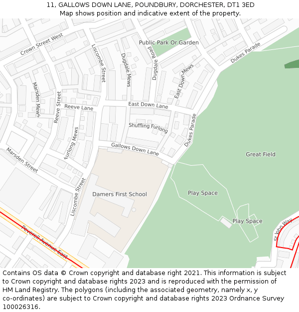 11, GALLOWS DOWN LANE, POUNDBURY, DORCHESTER, DT1 3ED: Location map and indicative extent of plot