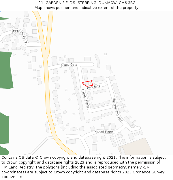 11, GARDEN FIELDS, STEBBING, DUNMOW, CM6 3RG: Location map and indicative extent of plot