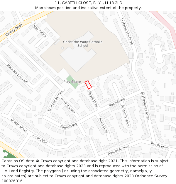 11, GARETH CLOSE, RHYL, LL18 2LD: Location map and indicative extent of plot