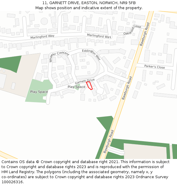 11, GARNETT DRIVE, EASTON, NORWICH, NR9 5FB: Location map and indicative extent of plot