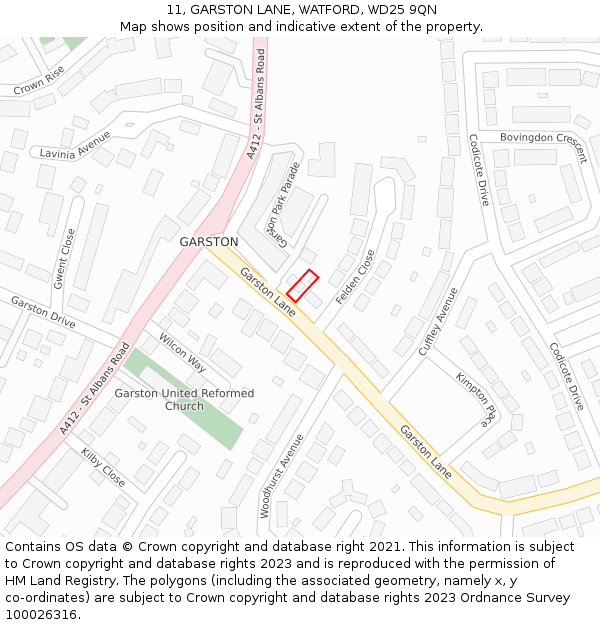 11, GARSTON LANE, WATFORD, WD25 9QN: Location map and indicative extent of plot