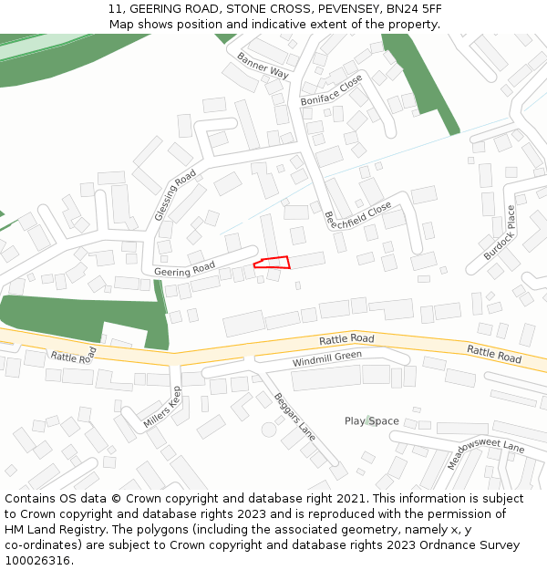 11, GEERING ROAD, STONE CROSS, PEVENSEY, BN24 5FF: Location map and indicative extent of plot