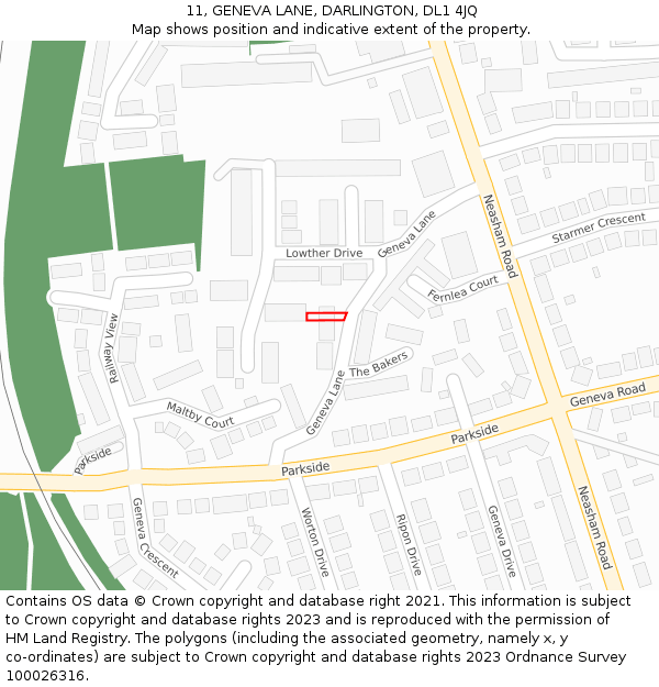 11, GENEVA LANE, DARLINGTON, DL1 4JQ: Location map and indicative extent of plot