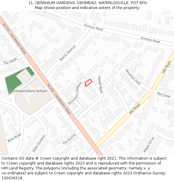 11, GERANIUM GARDENS, DENMEAD, WATERLOOVILLE, PO7 6FN: Location map and indicative extent of plot