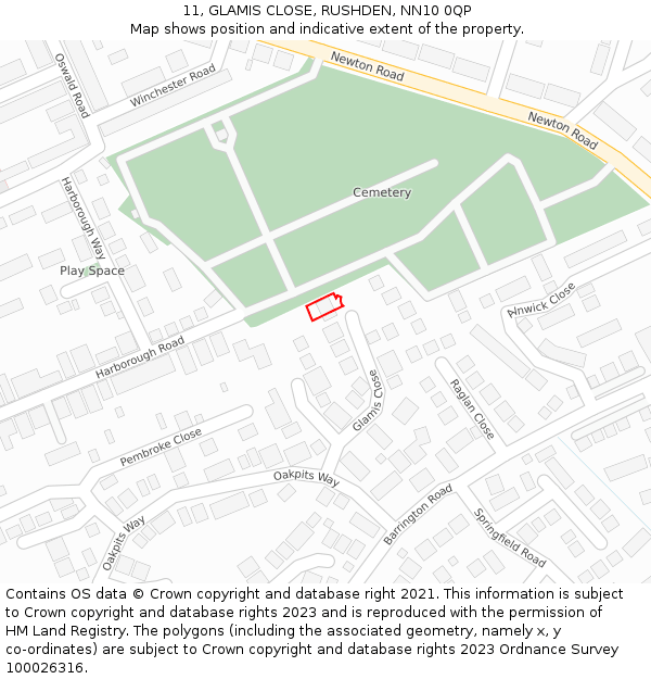 11, GLAMIS CLOSE, RUSHDEN, NN10 0QP: Location map and indicative extent of plot