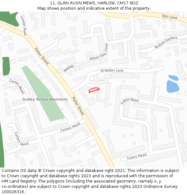 11, GLAN AVON MEWS, HARLOW, CM17 9DZ: Location map and indicative extent of plot