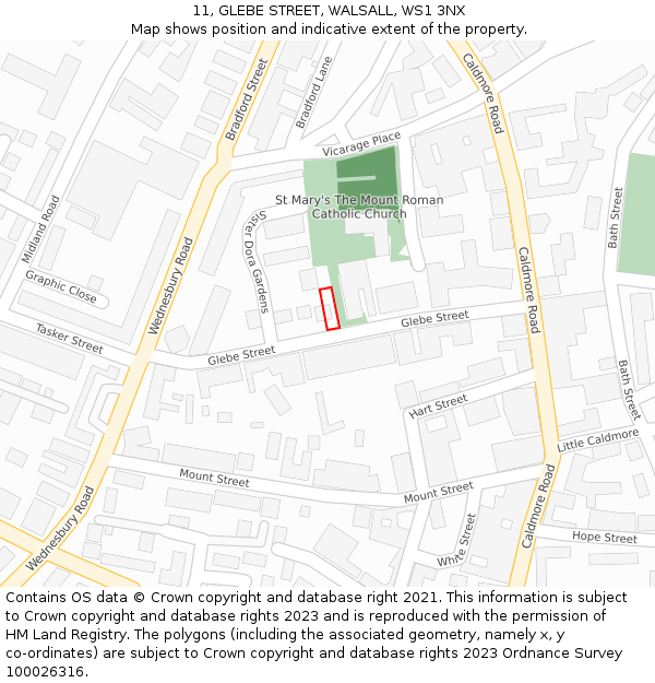 11, GLEBE STREET, WALSALL, WS1 3NX: Location map and indicative extent of plot